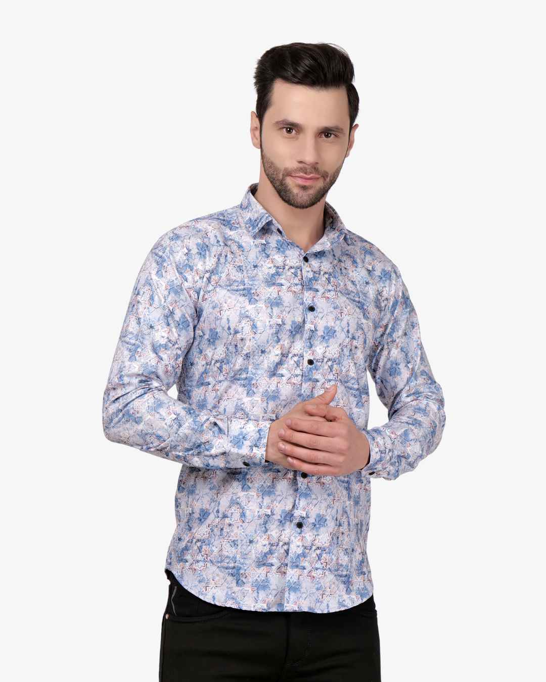 Corcul Men Satin Print Shirt | Sky Blue