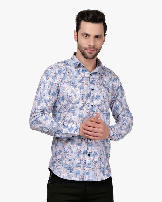 Corcul Men Satin Print Shirt | Sky Blue