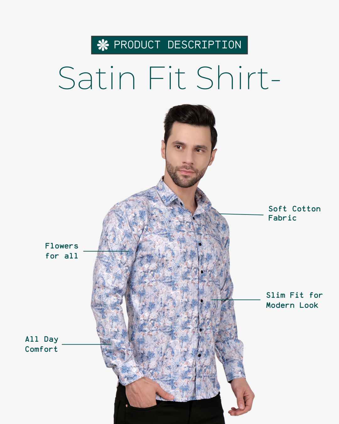 Corcul Men Satin Print Shirt | Sky Blue